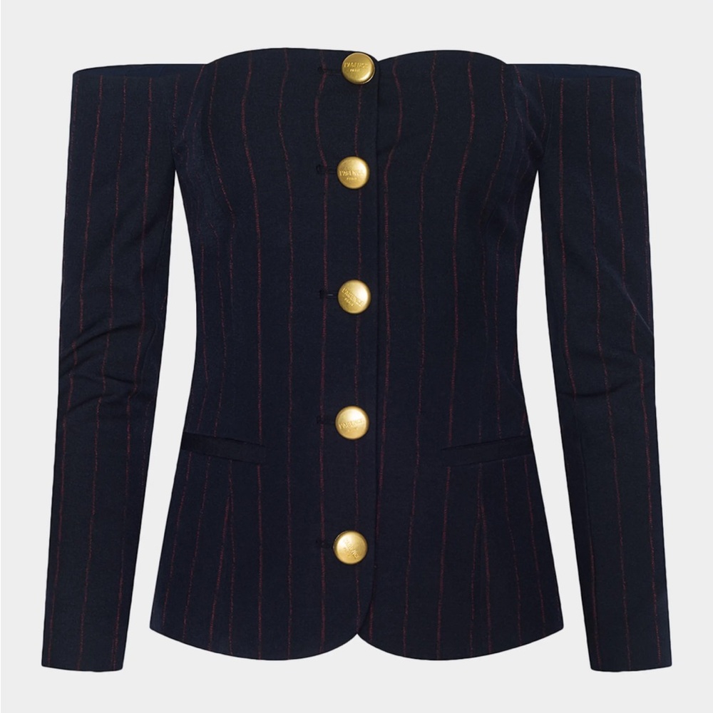 L'AGENCE Off-Shoulder Navy Blazer with Gold Buttons